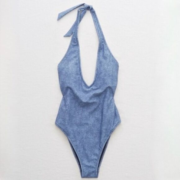 Aerie Medium One Piece Denim Look Deep V Plunge Halter Swimsuit - Picture 1 of 12